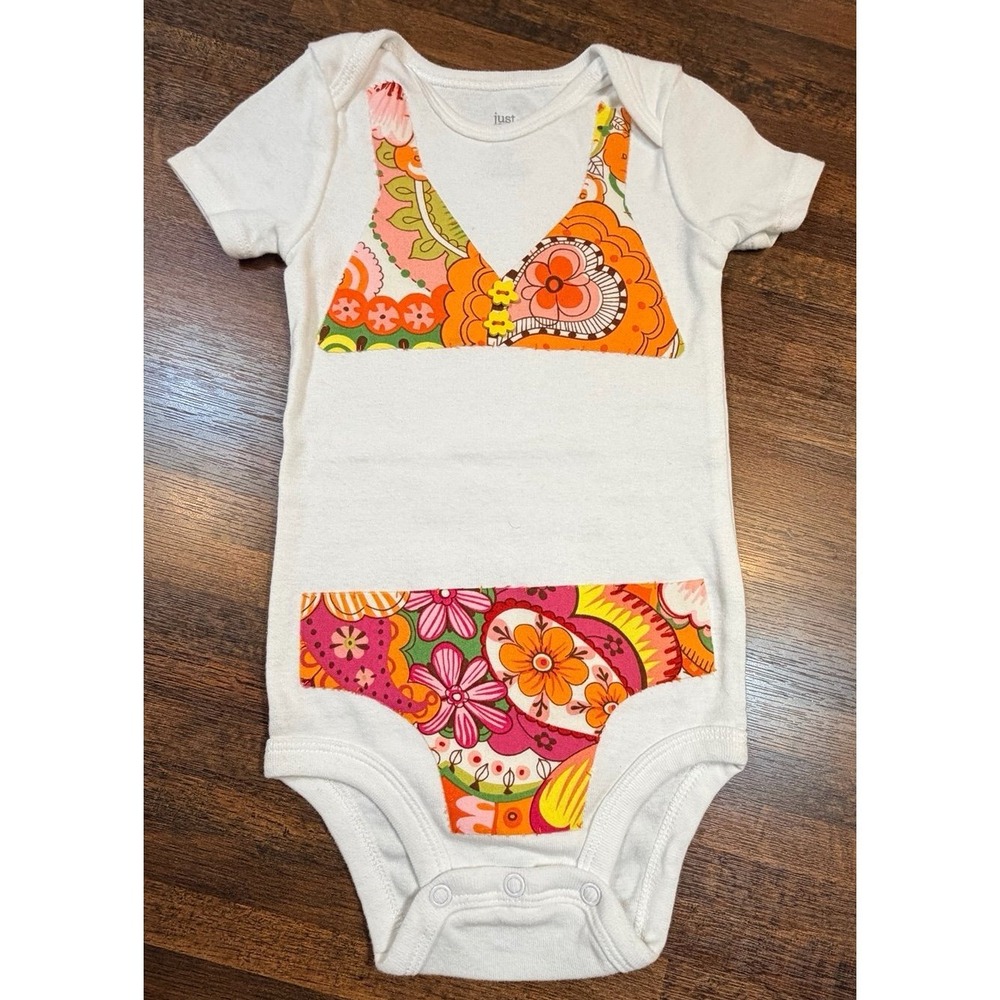 Custom made onsie, 70s vibe bikini girl.  Size 18 months.  Funny swimwear vibe
